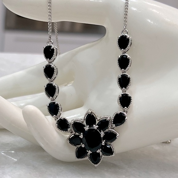 Californian Black Jade Sterling Silver Floral Necklace